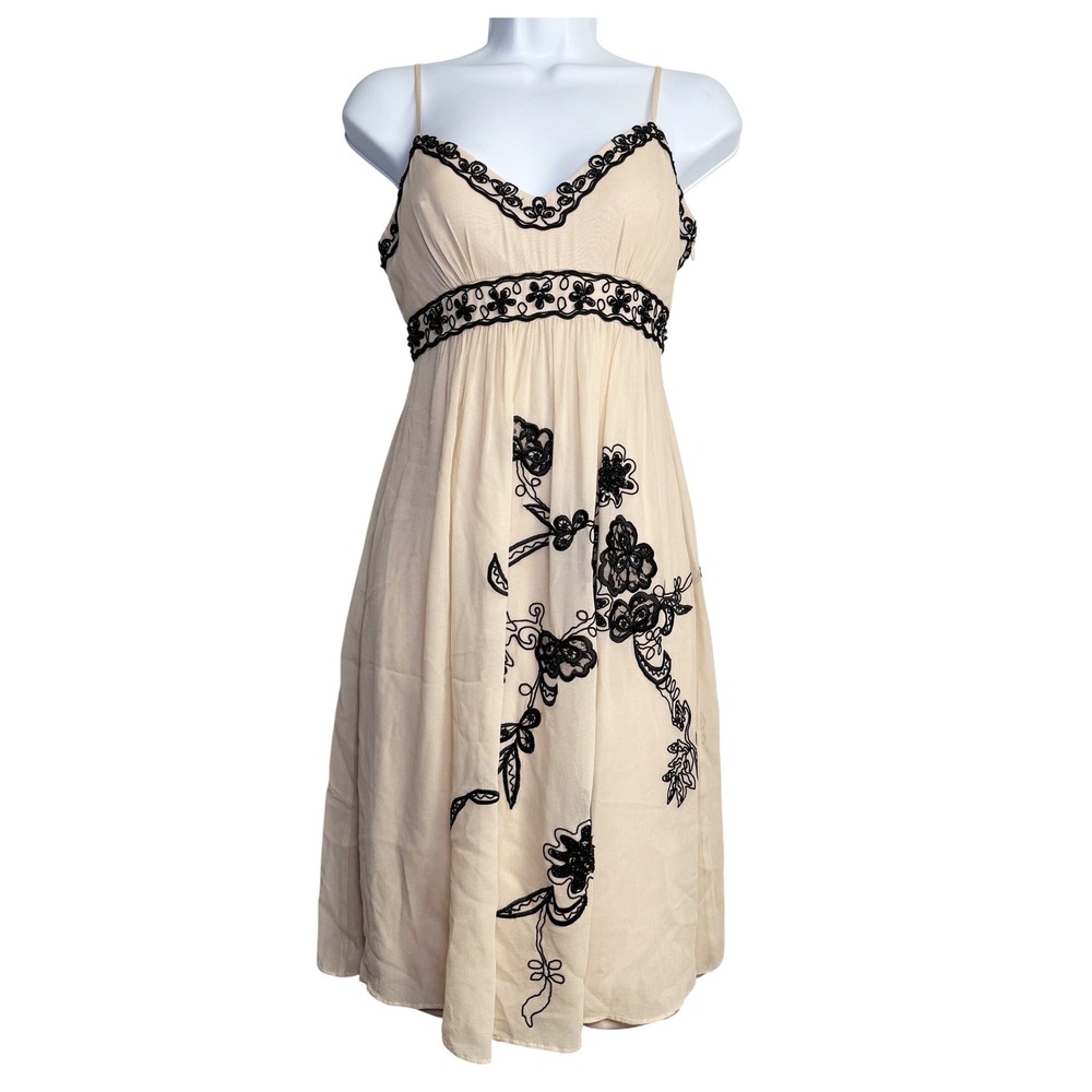 Vintage Sue Wong Nocturne Dress Womens 2 Beige Silk Black Floral Beaded Y2K
